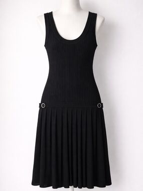 Black Ribbed Knit Sleeveless Dress with Pleated Skirt size L
